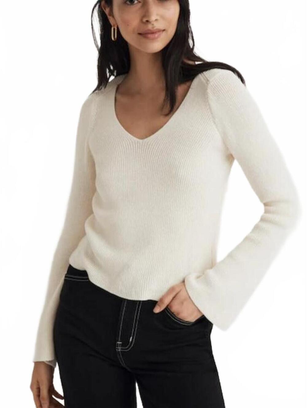 Madewell Cream Bell Sleeve Sweater V Neck Knit Pullover XS NWT